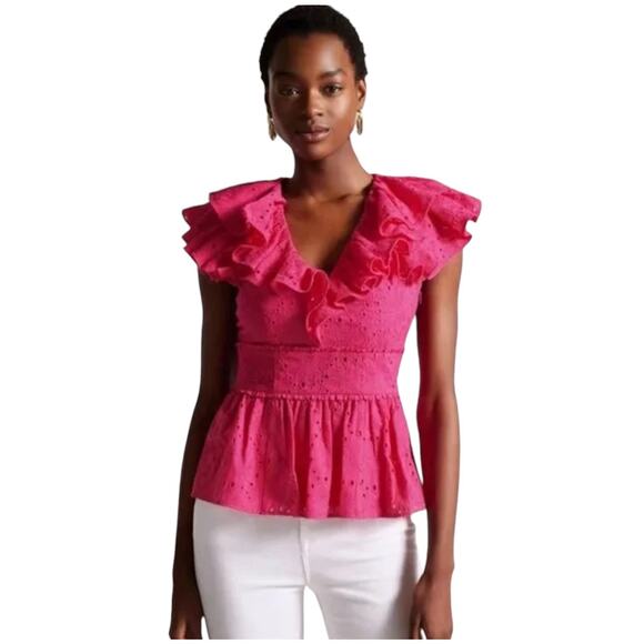 NWT! Ted Baker Mazieh Broderie Peplum Top in Bright Pink - Size 1 (US Size 4) - Picture 1 of 10